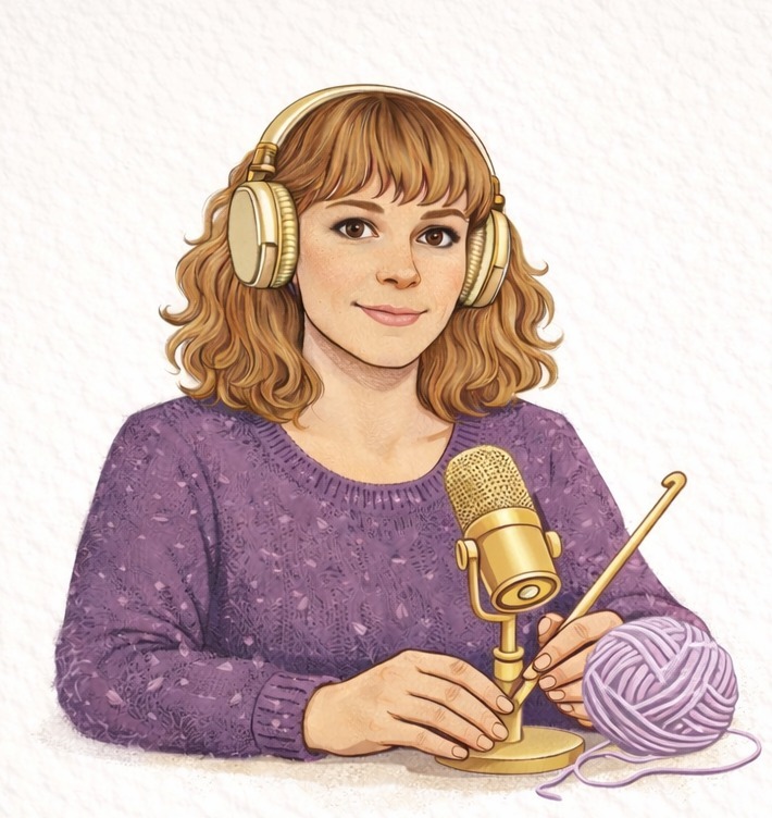 Illustration of Aurélie, host of Crochet & Vous, with headphones, microphone, hook and yarn