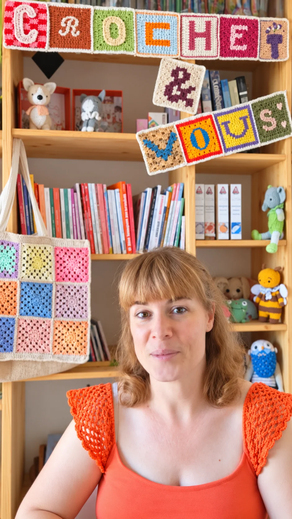 Aurélie in front of a bookcase, under a garland of crocheted squares spelling Crochet & Vous, with a granny square bag and amigurumi on the shelves