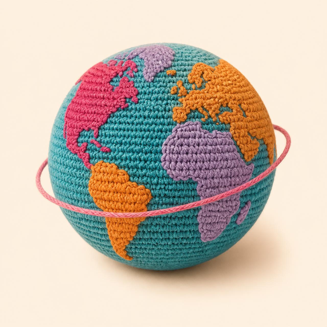 Crocheted world map of the World Crochet Map community