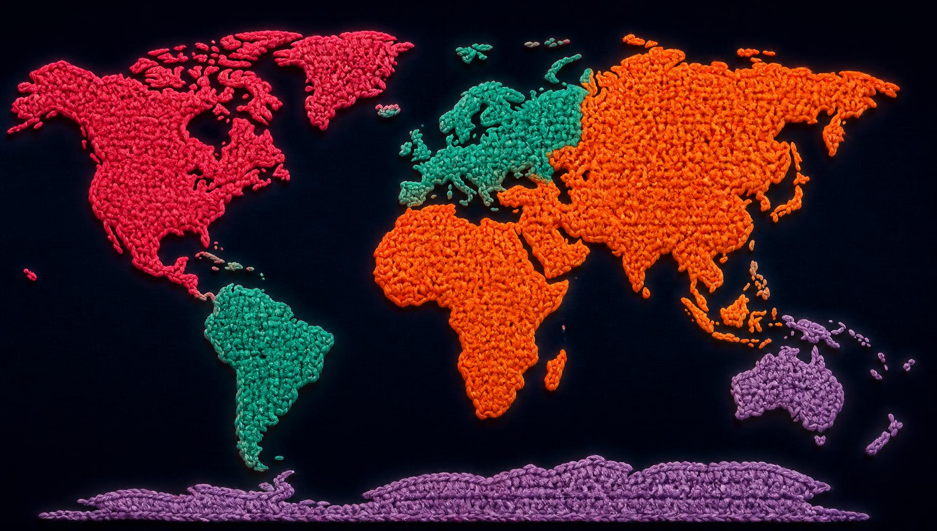 Crocheted world map of the World Crochet Map community