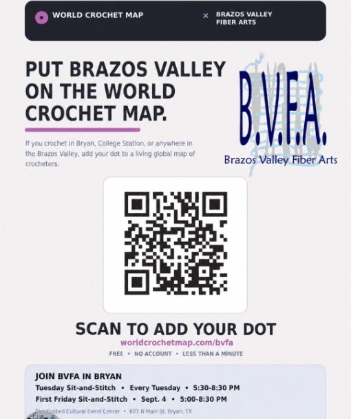 World Crochet Map and Brazos Valley Fiber Arts Community Partner pilot poster in Texas